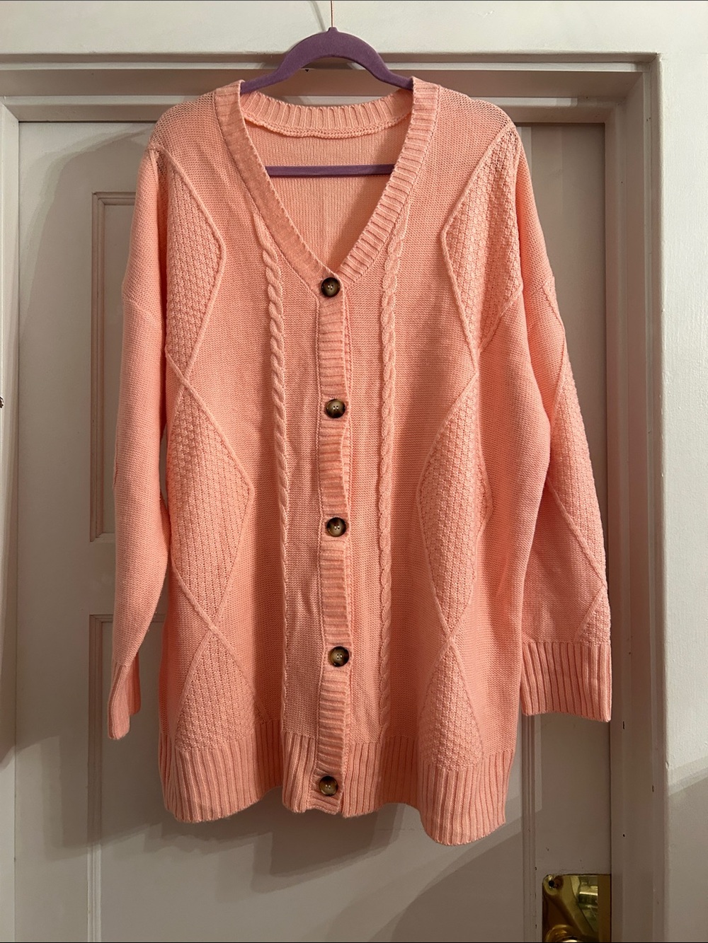 Diamond-Panel V-Neck Button Cardigan - Peach